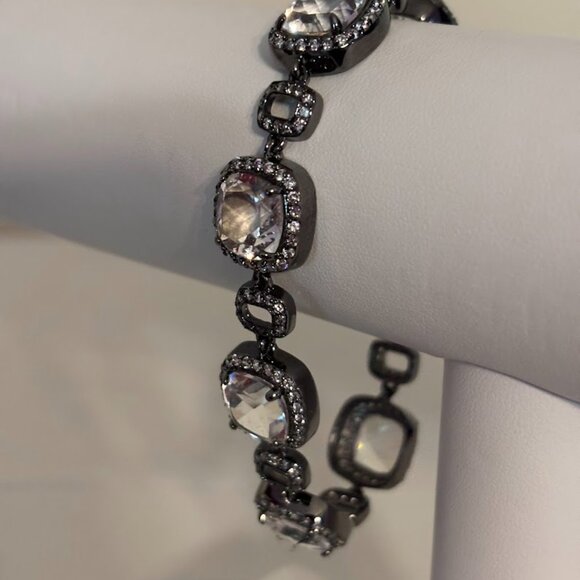 Silver Bracelet Created Quartz and Cubic Zirconia Black Plating 7.5" - Picture 14 of 16